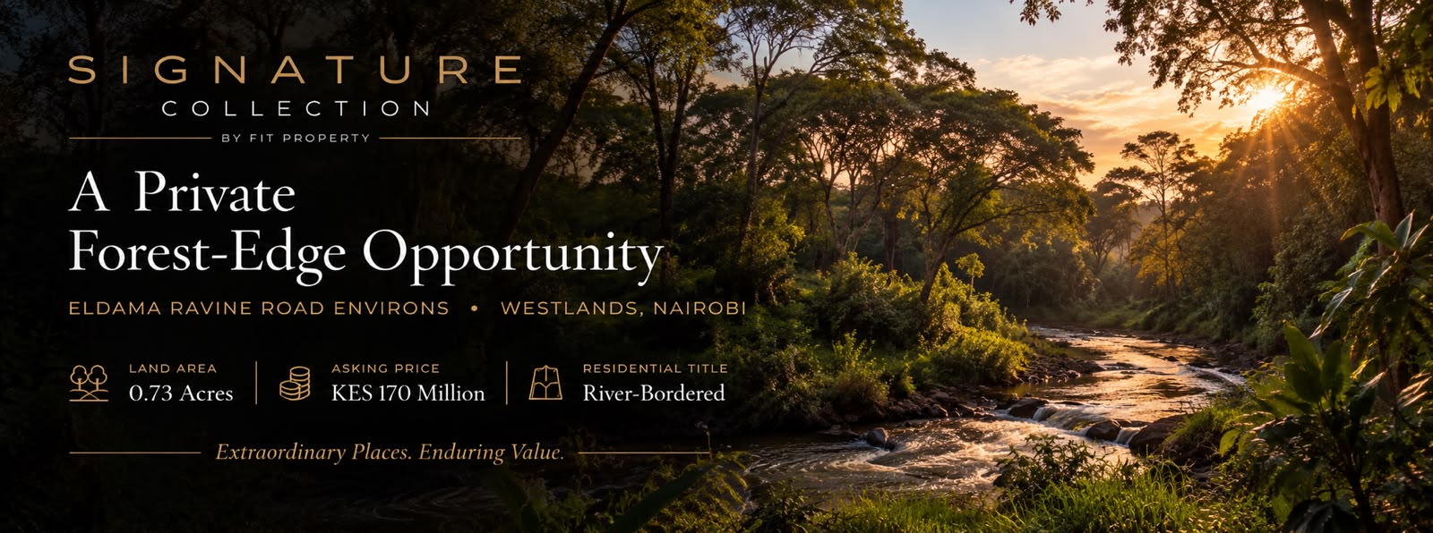 River-bordered 0.73-acre residential landholding overlooking Karura Forest near Eldama Ravine Road, Nairobi.